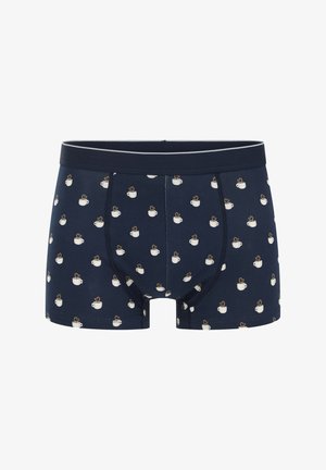 Granatowe bokserki męskie z białym wzorem filiżanek do kawy oraz ciemną elastyczną gumką w pasie z cienkim białym paskiem u góry.