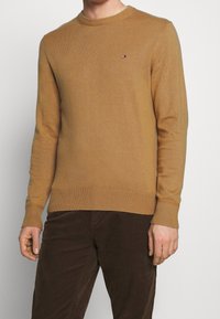 Kamelbrauner Strickpullover mit langen Ärmeln, gerippten Bündchen und Saum. Besitzt ein kleines Logo auf der Brust. Weiche Textur und taillierte Passform.