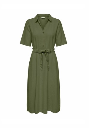 Olive green, short-sleeve dress made of lightweight fabric. Features a button-down front and a matching belt tied around the waist.