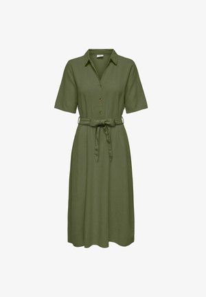Olive green, short-sleeve dress made of lightweight fabric. Features a button-down front and a matching belt tied around the waist.