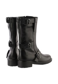 Czarne skórzane buty za kolano z zapięciami, solidna podeszwa, elegancki design i gładka tekstura, bez widocznych wzorów czy akcentów.