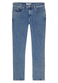 Světle modré džíny s rovnými nohavicemi, které mají přední a zadní kapsy, očka na opasek a značkovou etiketu na pase.