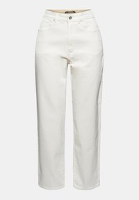 Pantaloni in denim bianco con vita alta, gamba dritta, cinque tasche e cuciture chiare. Presentano una chiusura con bottone e passanti per cintura.