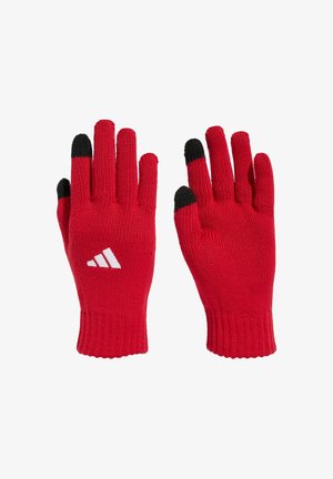 Pair of red knit gloves with black fingertips on thumb and index fingers, featuring a white Adidas logo on the left glove back.