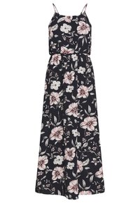 Robe maxi avec fines bretelles, fond noir, ornée d'un motif floral blanc et rose, en tissu léger, taille cintrée et jupe fluide.