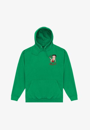 Felpa verde in cotone con tasca a marsupio frontale. Presenta una grafica di un cartone animato sul lato sinistro del petto. Cappuccio con cordino regolabile.