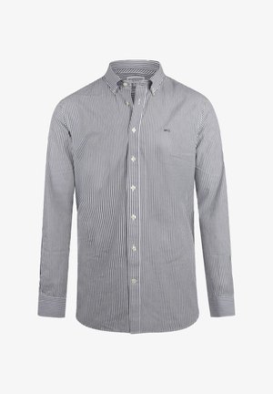 Lange mouwen button-up shirt in marineblauw en witte verticale strepen, katoen stof, puntige kraag en sluiting met knopen aan de voorkant met manchetten.