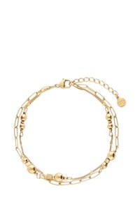 Pulsera en tono dorado que presenta una mezcla de estilos de cadena, cuentas redondas lisas y en forma de cubo, y un cierre de langosta con una cadena ajustable.