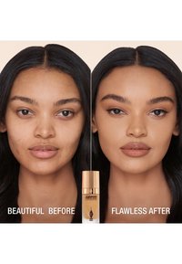 Before and after photos of a face showing skin changes. Left: uneven skin tone, visible blemishes. Right: smooth skin, even color. Centered product: liquid foundation in a gold-capped bottle.