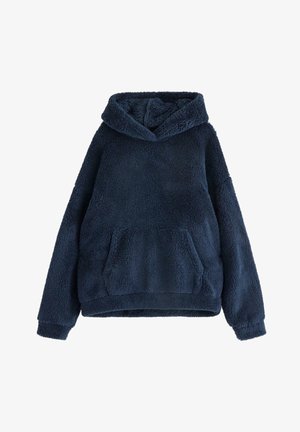 Marineblauer Kapuzenpullover aus weichem Fleece-Material. Verfügt über eine Fronttasche und gerippte Bündchen. Lässige Passform mit angenehmer Textur.