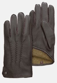 Braune Lederhandschuhe mit strukturiertem Finish, ausgestattet mit drei dekorativen Nahtlinien, weichem beige Innenfutter und einem kleinen Metallelement.