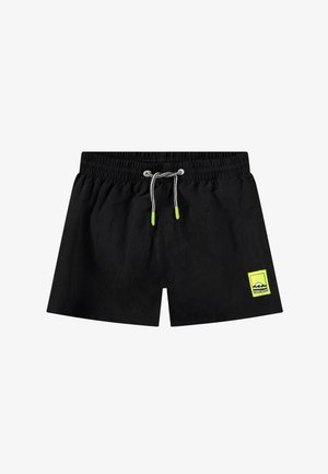 Black swim shorts made of lightweight material, featuring an elastic waistband, a drawstring with lime green accents, and a yellow brand logo patch.