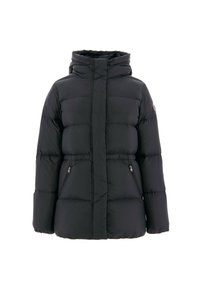 Černá prošívaná bunda s kapucí, s předním zipem, dvěma postranními kapsami na zip a horizontálně prošívanými částmi po celém povrchu.