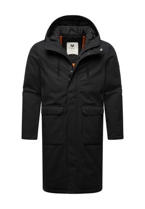 Zwarte lange parka jas van textuurstof. Voorzien van een capuchon, ritsclosure, twee voorzakken en een oranje binnenvoering.