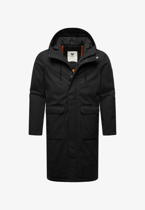 Zwarte lange parka jas van textuurstof. Voorzien van een capuchon, ritsclosure, twee voorzakken en een oranje binnenvoering.