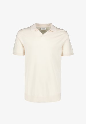 Cremiges Kurzarm-Poloshirt mit V-Ausschnitt und gerippten Abschlüssen, dargestellt auf weißem Hintergrund.