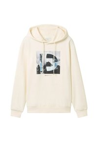 Sudadera color crema con un estampado gráfico que presenta imágenes de montañas. Incluye capucha con cordones y puños y dobladillo acanalados.