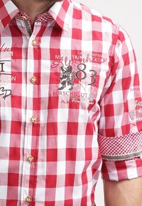 Camicia a quadri rossi e bianchi con dettagli ricamati, chiusura con bottoni, e polsini con motivo contrastante. Realizzata in tessuto tessuto, presenta bottoni dorati.
