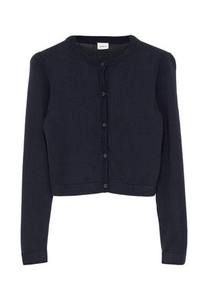 Granatowy krótki kardigan o dzianinowej fakturze, z okrągłym dekoltem, długimi rękawami i sześcioma okrągłymi guzikami z przodu.