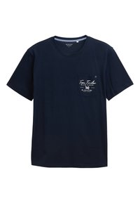 Mørkeblå bomulds T-shirt med korte ærmer, rund hals og en frontlomme med hvid trykt tekst og logo detaljer.