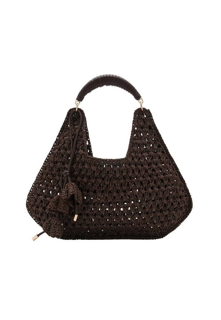 Brown crochet handbag with a rounded shape, a textured woven pattern, and a smooth, wrapped handle. Features a decorative tassel.