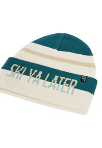 Gehaakte beanie met groene, crèmekleurige en beige strepen. Heeft "SKI YA LATER" in grote letters en een klein zwart label met "protest." Zachte textuur.