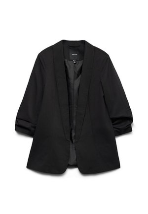 Svart blazer med åpen front og trekvartlange rynkede ermer samt glatt satengfôr, vist flatt på hvit bakgrunn.