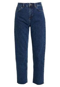 Mörkblå denimjeans med hög midja, rak benpassform och lätt frans vid fållen. Har framfickor och knappstängning.