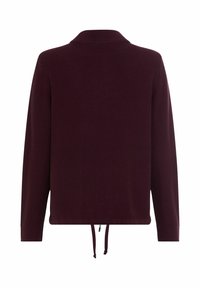 Bordeauxrode gebreide trui met een kraag, lange mouwen en een trekkoord aan de zoom. Gladde textuur met geribbelde accenten op de manchetten.