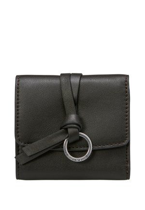 Black leather wallet with stitched edges, secured by a leather strap looped through a silver metal ring on a white background.