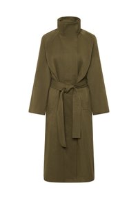 Lange olijfgroene mantel met ceintuur, hoge kraag en lange mouwen, voorzien van voorzakken en een comfortabele pasvorm.