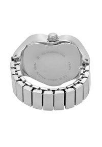 Orologio in acciaio inossidabile con una finitura argentata lucida, fondello curvo e bracciale in metallo a maglie. Presenta una corona per le regolazioni.