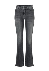 Jeans de denim gris oscuro con pierna ligeramente acampanada, cierre delantero de botón y cremallera, y diseño de cinco bolsillos.