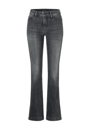 Donkergrijze denim jeans met een licht uitlopende pijp, een sluiting met een knoop en rits aan de voorkant, en een vijf-pocket ontwerp.