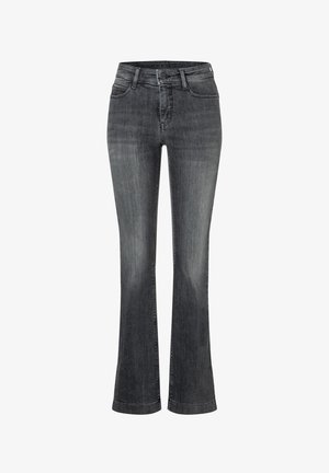 Donkergrijze denim jeans met een licht uitlopende pijp, een sluiting met een knoop en rits aan de voorkant, en een vijf-pocket ontwerp.