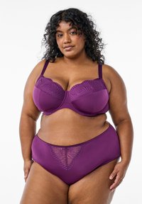 Purple bra and high-waisted brief set featuring lace detailing on the bra cups and front of the brief, with smooth fabric and adjustable straps.
