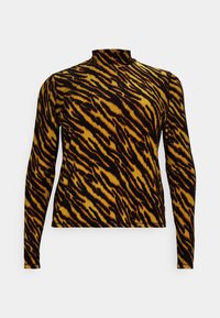 Langärmliges Turtleneck-Shirt in Gelb und Schwarz mit einem Tigerstreifenmuster. Hergestellt aus dehnbarem, weichem Stoff mit einer taillierten Passform.