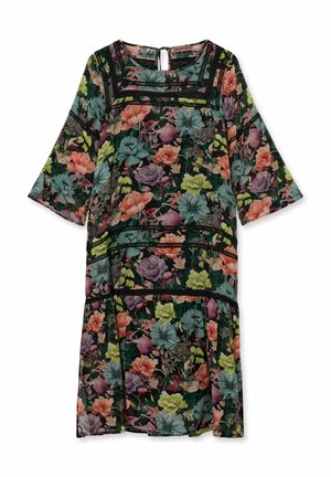 Kwiatowa sukienka do kolan z czarną koronkową lamówką, okrągłym dekoltem, rękawami 3/4 i zapięciem na guziki z tyłu z rozcięciem.