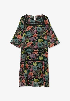 Kvetinové šaty po kolená s čiernou čipkovanou lemovkou, okrúhlym výstrihom, trojštvrťovými rukávmi a zapínaním na gombík s otvorom na chrbte.