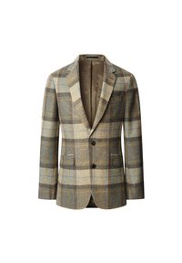 Blazer de lana con un patrón de cuadros en marrón, gris y azul. Cuenta con solapas en pico, dos botones y dos bolsillos frontales. Interior forrado.