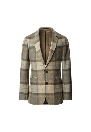 Wollen blazer met een bruin, grijs en blauw ruitpatroon. Voorzien van een geknipt revers, twee knopen en twee voorzakken. Gevoerd interieur.