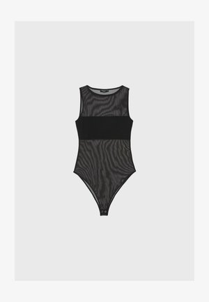 Crni prozirni mrežasti bodi bez rukava s crnim trakom preko prsa i kopčama na preponama.