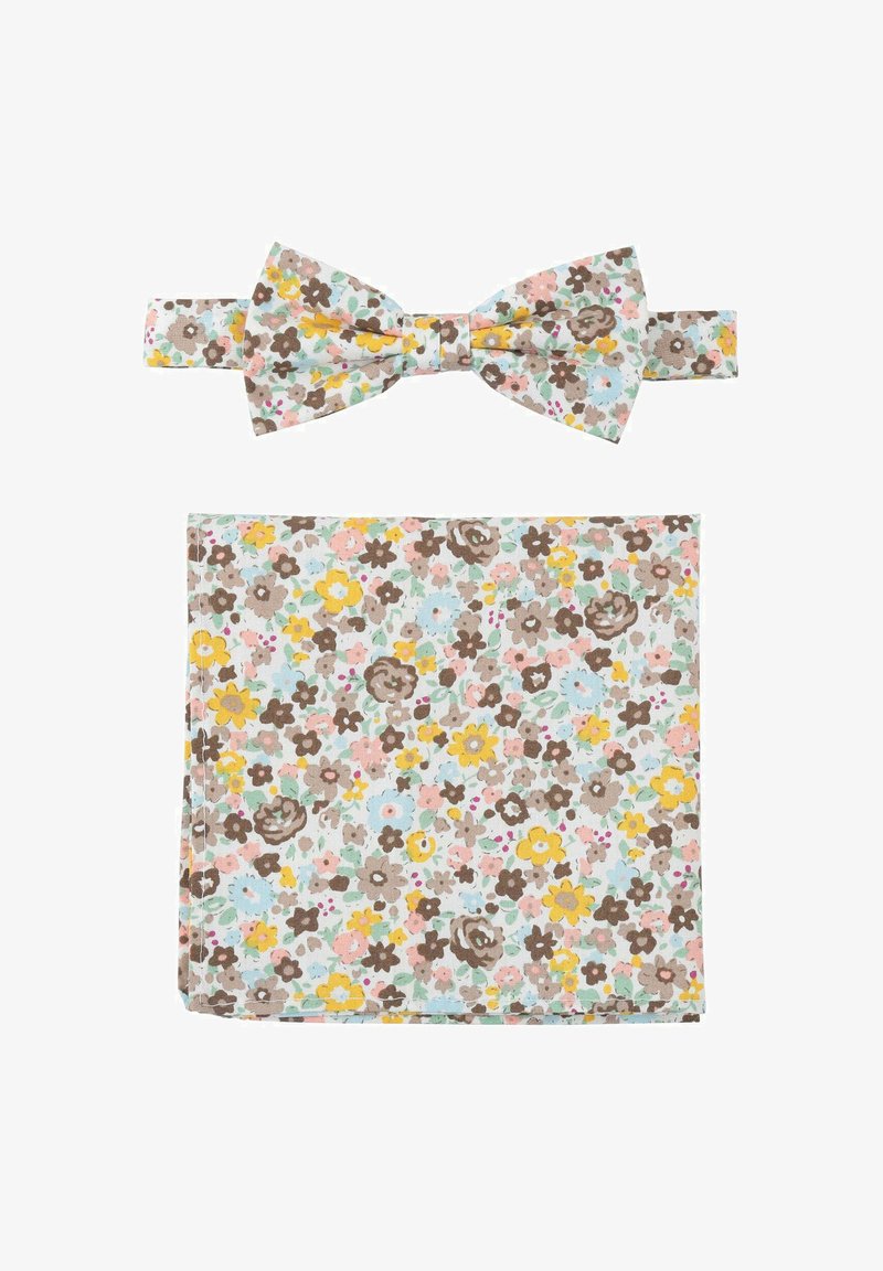 Floral gemusterte Fliege und Taschentuch-Set; Farben umfassen Blau, Rosa, Gelb und Braun auf einem hellen Hintergrund; aus Baumwollmaterial.