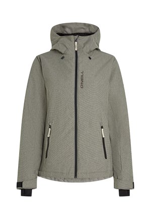 Gray weather jacket with a hood, featuring zippered front and pockets, contrasting black hardware, and textured fabric. Brand logo displayed.