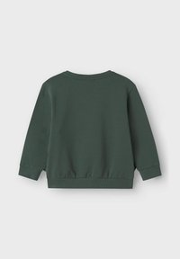 Felpa verde con vestibilità morbida, colletto rotondo, maniche lunghe e polsini a coste. Tessuto liscio con orlo elastico in vita.