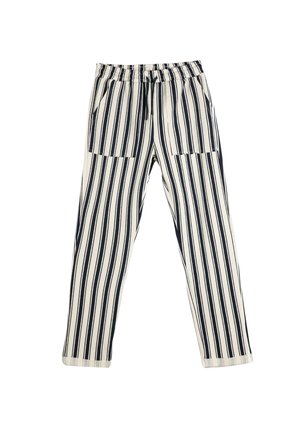 Gestreepte broek met een elastische tailleband,Featuring verticale marineblauwe en witte strepen, twee zijzakken en een ontspannen pasvorm.