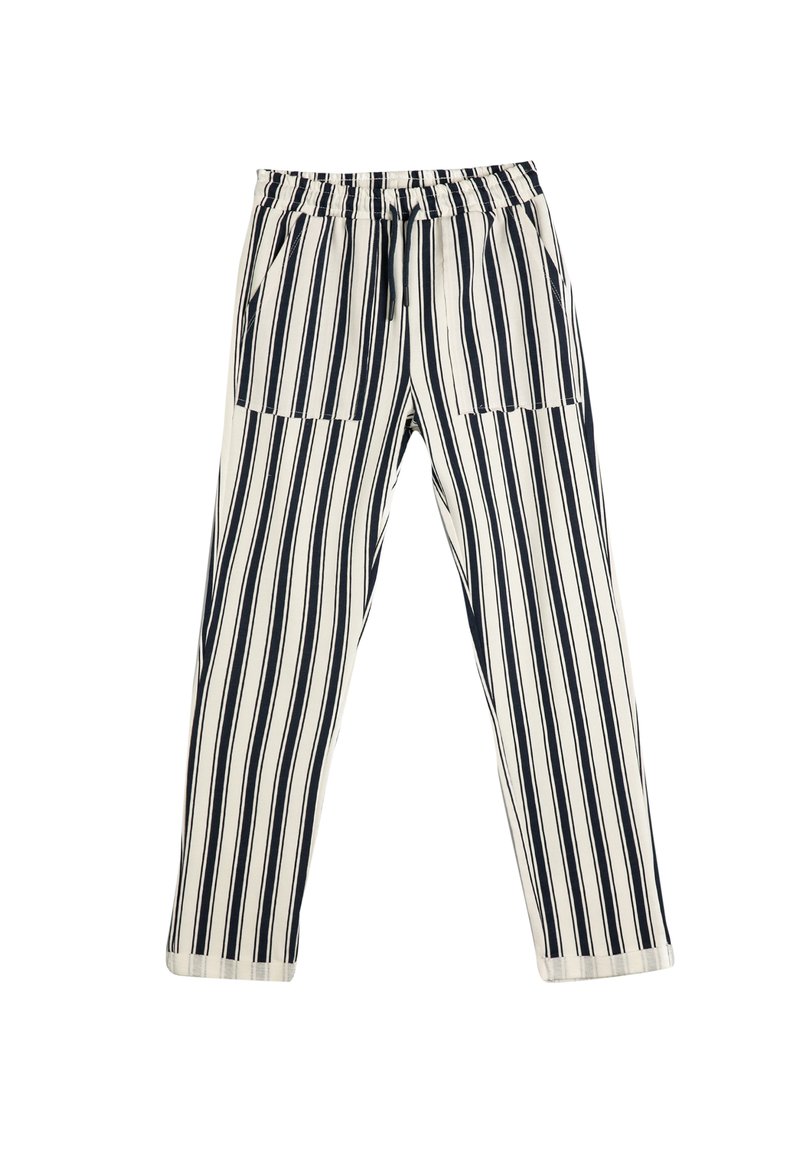 Gestreepte broek met een elastische tailleband,Featuring verticale marineblauwe en witte strepen, twee zijzakken en een ontspannen pasvorm.