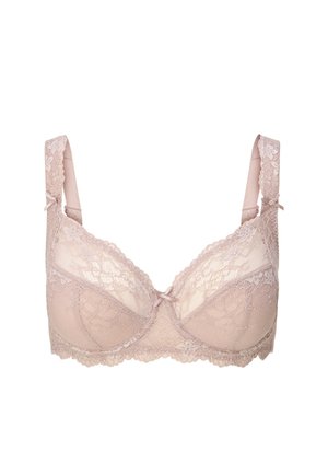 Lichtroze kanten bh met een gevoerde beugelontwerp. Verstelbare bandjes, bloemenkantstructuur en kleine strikaccenten op de bandjes en het midden.