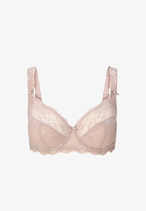 Lichtroze kanten bh met een gevoerde beugelontwerp. Verstelbare bandjes, bloemenkantstructuur en kleine strikaccenten op de bandjes en het midden.