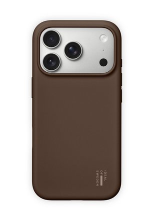 Smartphone with three rear cameras and flash, protected by a brown case labeled "Ideal of Sweden" at the bottom right.